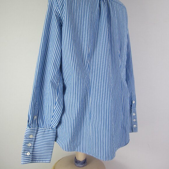 Lands End Women 14 Blue White Stripe Cotton Shirt Blouse Ruffle Nautical Classic - Picture 7 of 10